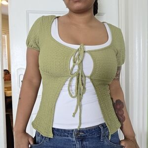 Green Tie Front Peplum Fairycore Cottagecore Short Sleeve Top